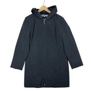 Anne Klein Black Hooded Coat Womens L Full Zip Long Sleeve‎ Rain Jacket Chic